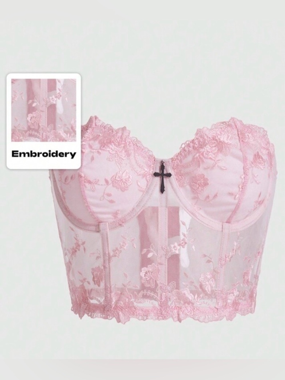 Goth Pink Floral Embroidered Bustier Corset Top Coquette W24